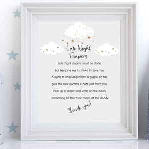 Late Night Diapers Sign, On Cloud Nine Baby Shower Game, Editable Printable Sign, Late Night Diaper Notes Game, Neutral Baby Shower Decor
