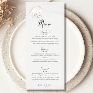 Cloud Nine Baby Shower Menu Template: Elegant Neutral Decor (DIY Printable, Instant Download, 4x9&quot;)