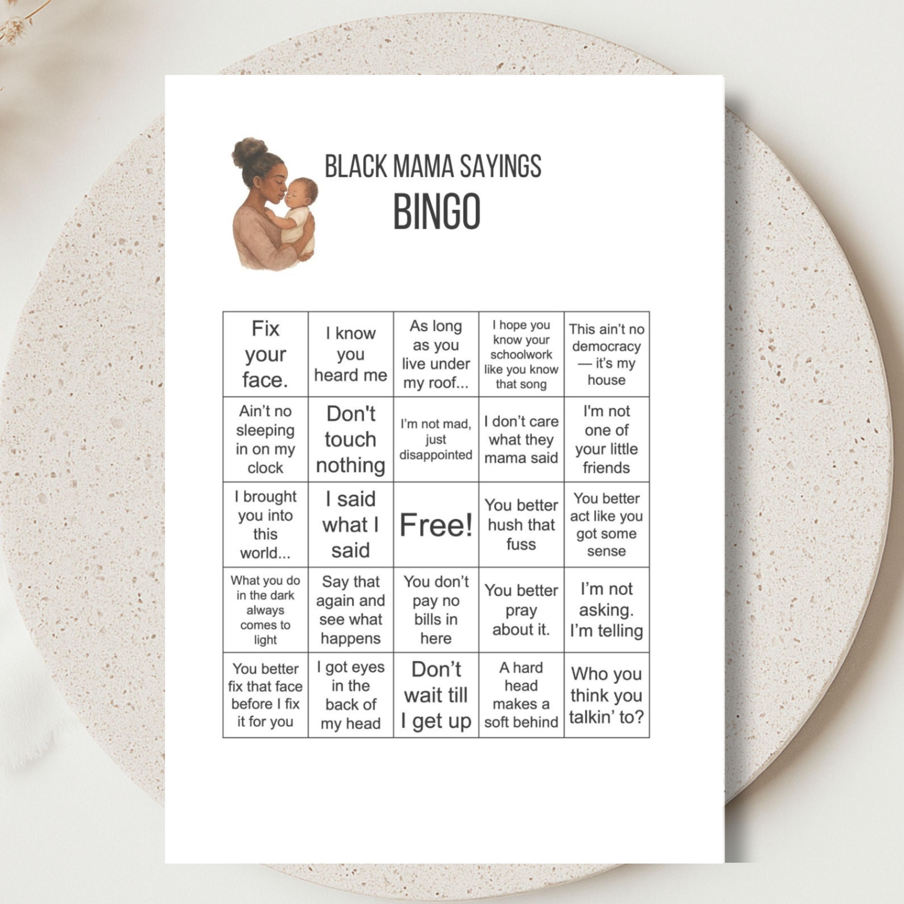 【BINGO mama❤︎】 PIX BLACK size39 Black Mama Sayings BINGO Game, 8 Cards & Callout Sheet, Funny