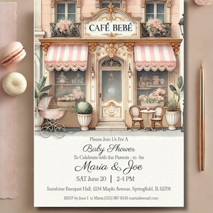 Vintage Cafe Bèbè Baby Shower Invitation Template, Parisian Style Pink Vintage Invite, Baby Girl Shower, French Patisserie Editable Template