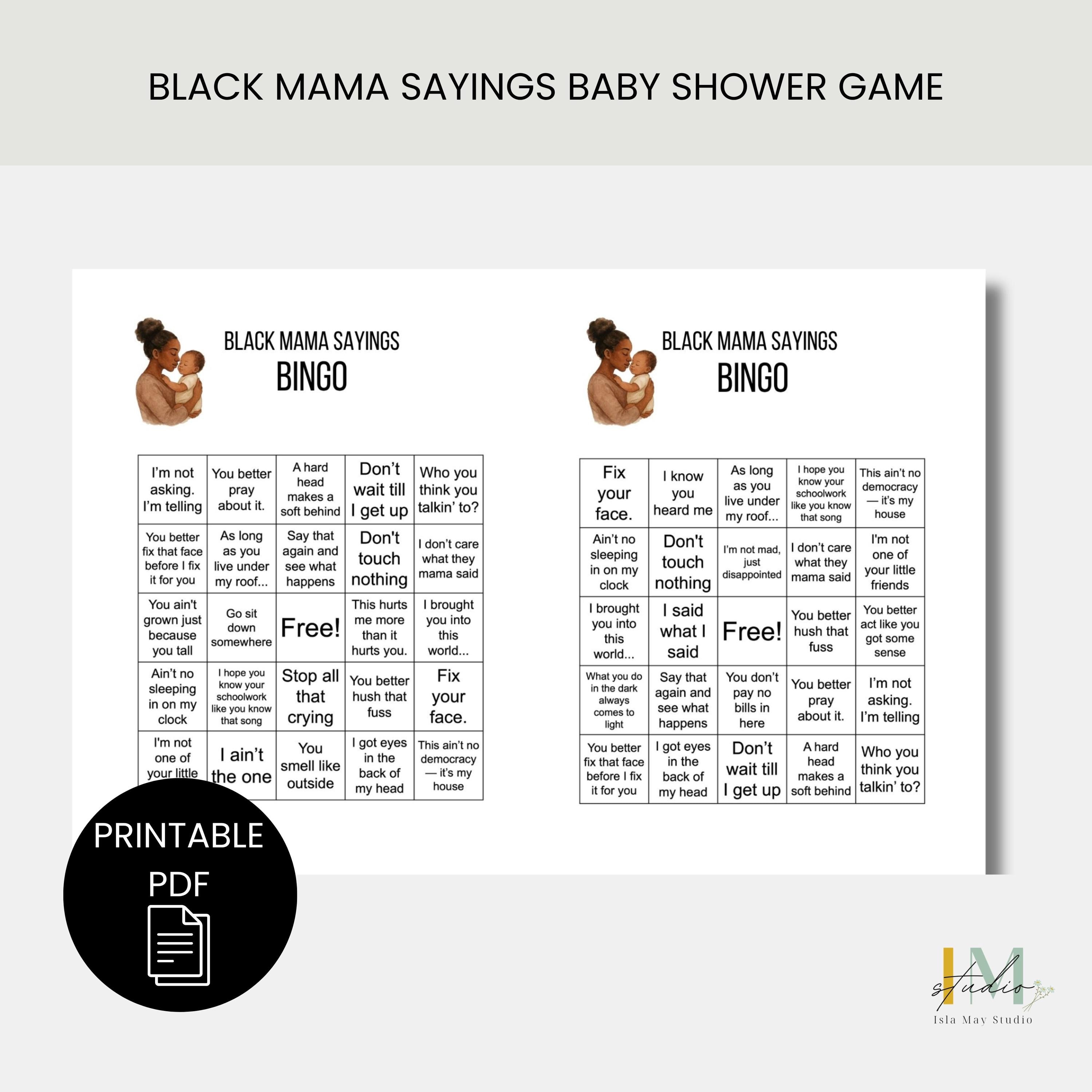Black Mama Sayings BINGO Game, 8 Cards & Callout Sheet, Funny