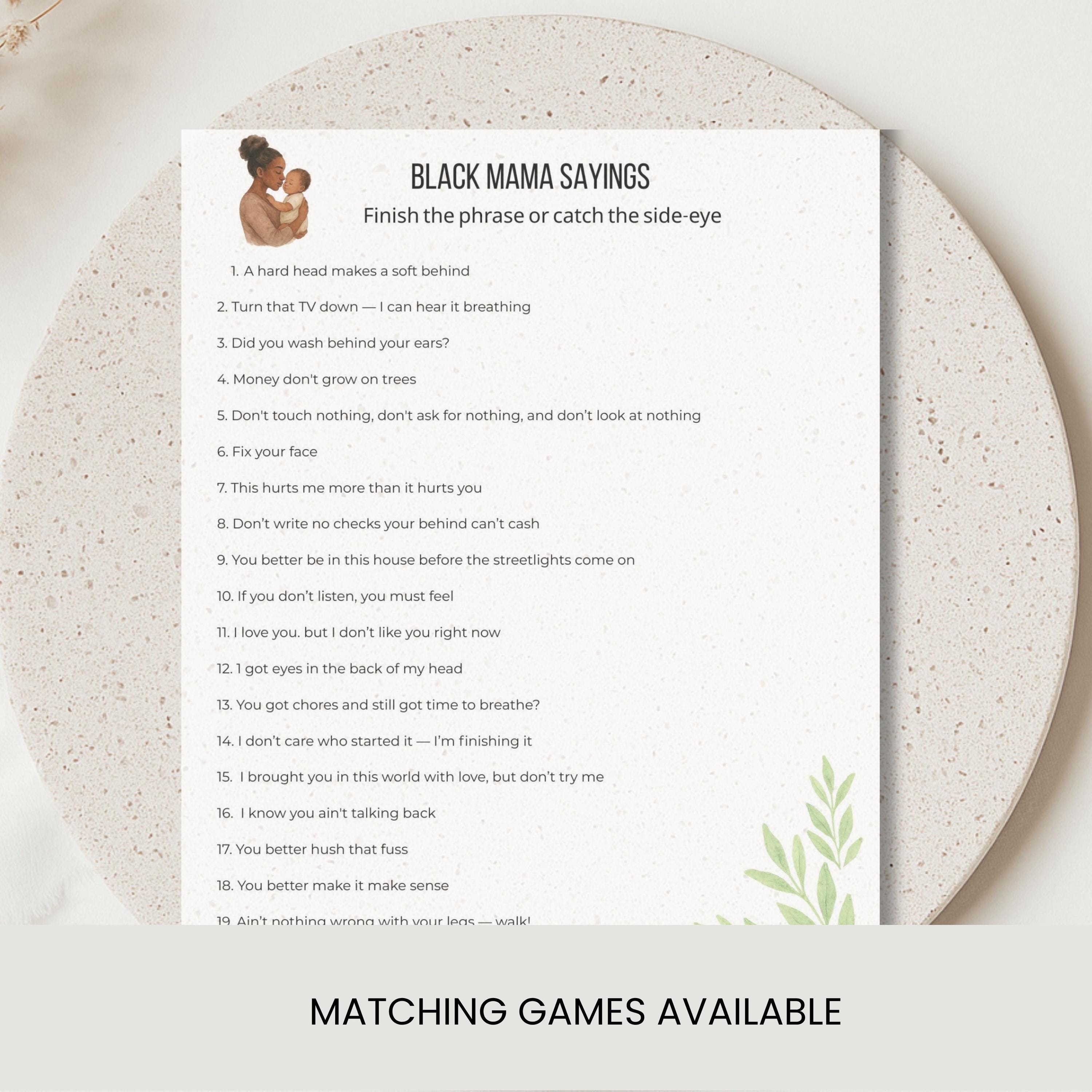 Black Mama Sayings BINGO Game, 8 Cards & Callout Sheet, Funny