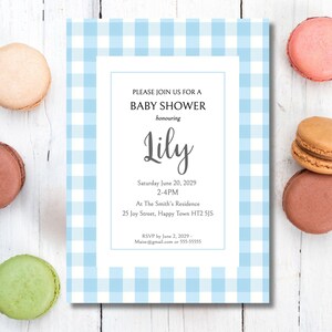 Blaue Gingham-Babypartyeinladung, bearbeitbare Vorlage für Jungen-Babyparty, druckbarer digitaler Download einladen