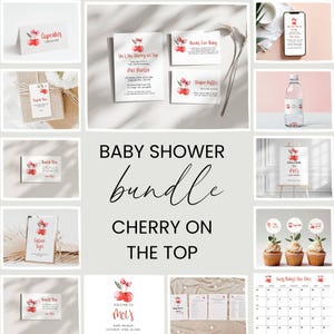 Cherry on Top Baby Shower Bundle, Pink Coquette Bow Editable Templates,  Baby Girl Shower Invitation, Cherry Party Decoration