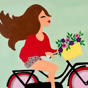 Digitale handgemachte Kunst Mädchen auf Fahrrad Postkarte Dankeschön Karte Wand Dekor Digital druckbare Acryl Kunst Geschenke für Freunde Radfahren Enthusiasten