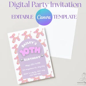 Plantilla editable de invitación de cumpleaños para niña / Invitación para fiesta de perros con globos rosas / Plantilla Canva / Descarga instantánea