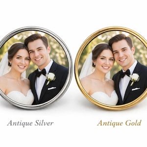 May include: Two round photo frames, one antique silver and one antique gold, each displaying a smiling couple. The couple is dressed in wedding attire. Text below the frames reads "Antique Silver" and "Antique Gold".