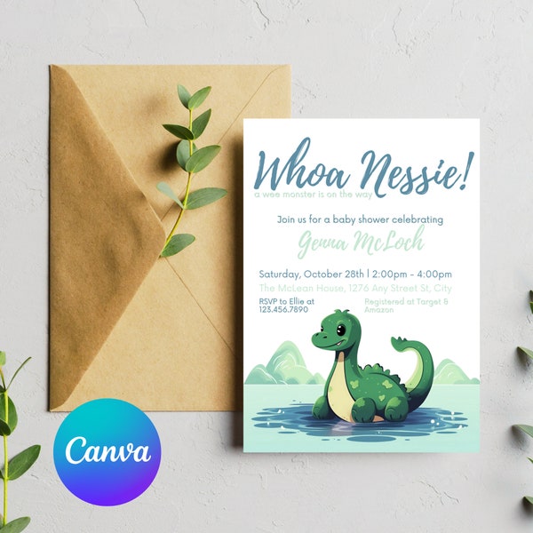 Loch Ness Monster Baby Shower Invitation, Scottish Baby Shower Invitation, Loch Ness Monster Invite, Scottish baby shower theme, Nessie