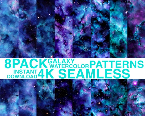 8 PACK - Galaxy Watercolor Patterns - 4K Seamless | Galaxy Digital Paper, Printable Paper, Instant Download, Seamless Pattern, Nebula, Space