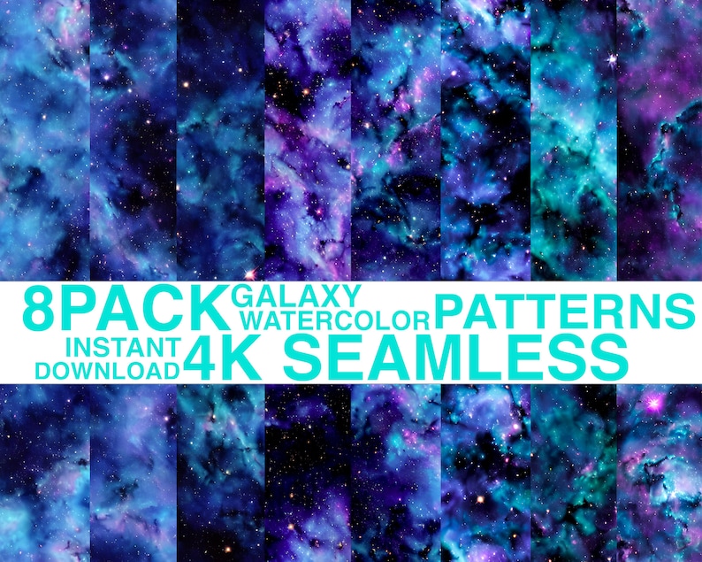 May include: 8 pack of galaxy watercolor patterns, seamless, 4K resolution, instant download.