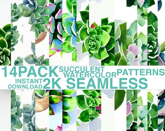 14 PACK - Succulent Watercolor Patterns - 2K Seamless | Succulent Digital Paper, Printable Paper, Instant Download, Seamless Pattern, Floral