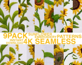 9 PACK - Sunflower Embroidery Patterns - 4K Seamless | Sunflower Digital Paper Printable Paper Instant Download Seamless Pattern Digital