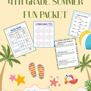Puede incluir: Un colorido paquete educativo con temática de verano para estudiantes de 4º grado. La imagen presenta hojas de trabajo de matemáticas, incluyendo valor posicional, tablas de multiplicar y problemas de suma. También se incluyen elementos de playa.