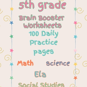 Peut inclure: Une image d'un ensemble de fiches d'exercices éducatives colorées pour les élèves de 5e année. Le texte comprend "Brain Booster Worksheets", "100 pages d'exercices quotidiens" et des matières comme les maths, les sciences, l'ELA et les sciences sociales.