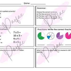 Puede incluir: Una hoja de trabajo con preguntas para una prueba de ortograf&iacute;a, gram&aacute;tica, multiplicaci&oacute;n, fracciones y ciencias. La pregunta de ortograf&iacute;a pregunta qu&eacute; palabra est&aacute; escrita correctamente: Butterfly, Buterfly o Butterflie. La pregunta de gram&aacute;tica pregunta qu&eacute; oraci&oacute;n es correcta: The boy goed to the park, The boy went to the park, o The boy going to the park. Las preguntas de multiplicaci&oacute;n incluyen 30 x 4, 4 x 2, 2 x 8, 6 x 30, 7 x 5, 10 x 3, 9 x 9 y 8 x 5. La pregunta de fracciones pide escribir la fracci&oacute;n correcta para un c&iacute;rculo verde dividido en 3 partes, un c&iacute;rculo azul dividido en 6 partes, un c&iacute;rculo morado dividido en 5 partes y un c&iacute;rculo rosa dividido en 4 partes. La pregunta de ciencias pregunta qu&eacute; le sucede al agua cuando se calienta a 100&nbsp;&deg;C (212&nbsp;&deg;F).