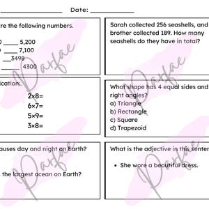 Puede incluir: Una hoja de trabajo con problemas de matem&aacute;ticas para ni&ntilde;os. La hoja de trabajo incluye problemas de multiplicaci&oacute;n, comparaciones de n&uacute;meros y problemas de palabras. Tambi&eacute;n hay una pregunta sobre qu&eacute; causa el d&iacute;a y la noche en la Tierra y cu&aacute;l es el oc&eacute;ano m&aacute;s grande de la Tierra.