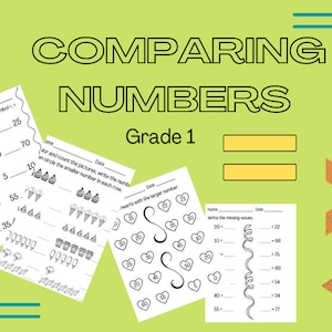 Può includere: Foglio di lavoro didattico intitolato "Comparing Numbers Grade 1" con problemi di matematica. Il foglio di lavoro presenta vari esercizi, tra cui il confronto di numeri utilizzando simboli e il conteggio di immagini. Lo sfondo è verde chiaro.