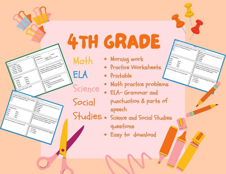 Puede incluir: Un conjunto de hojas de trabajo imprimibles para estudiantes de 4&ordm; grado. Las hojas de trabajo cubren materias como matem&aacute;ticas, ELA, ciencias y estudios sociales. El texto en la imagen dice "4&ordm; Grado" y enumera las materias con vi&ntilde;etas que describen el contenido de cada hoja de trabajo.