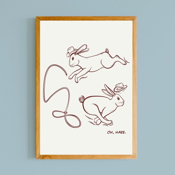 Western Cowboy Rabbits Digital Print, Aesthetic Retro Cowgirl Wall Art, Cowboy Boots Trend, Y2K, Vintage Minimal Wall Poster, Bunny Line Art