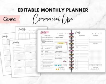 Canva Editable Bullet Yearly Journal Template, Digital Planner for Organizing Goals, Trackers Productivity Printable Customizable Layout