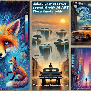 Può includere: Un collage di quattro immagini che mostrano il potenziale dell'arte AI. La prima immagine presenta una volpe colorata con occhi blu. La seconda immagine mostra una strada che conduce a un tramonto con isole galleggianti e cascate. La terza immagine è un dipinto di un'auto che guida per una strada cittadina. La quarta immagine è una scena di città futuristica con luci al neon e una persona che cammina per strada. Il testo "Unlock your creative potential with AI ART The ultimate guide" è visualizzato nella parte superiore del collage. Il testo "Transform text into stunning art" è visualizzato nella parte inferiore del collage.