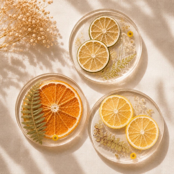 Handmade Resin Coaster Set – Preserved Citrus & Botanicals