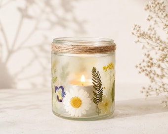 Dried Flower Tea Light Holder: Floral Glass Candle Favor