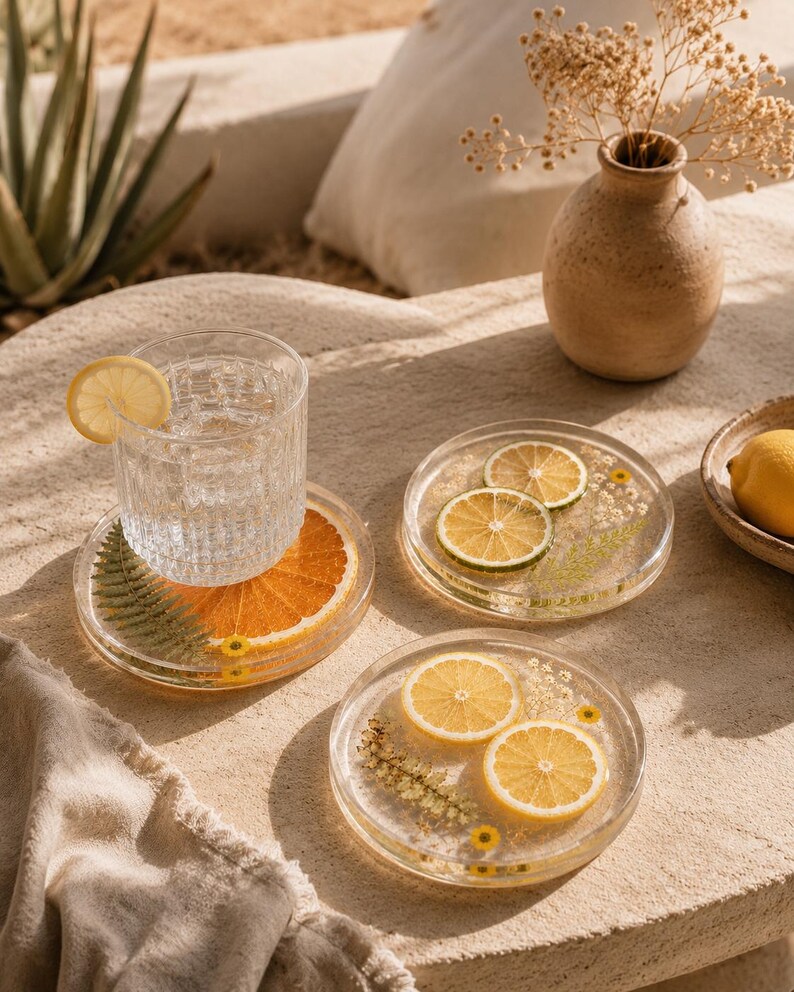 May include: Clear resin coasters with embedded citrus slices and botanical elements. One coaster holds a glass of water with a lemon slice. The coasters feature orange, lemon, and lime slices, with yellow and green accents.