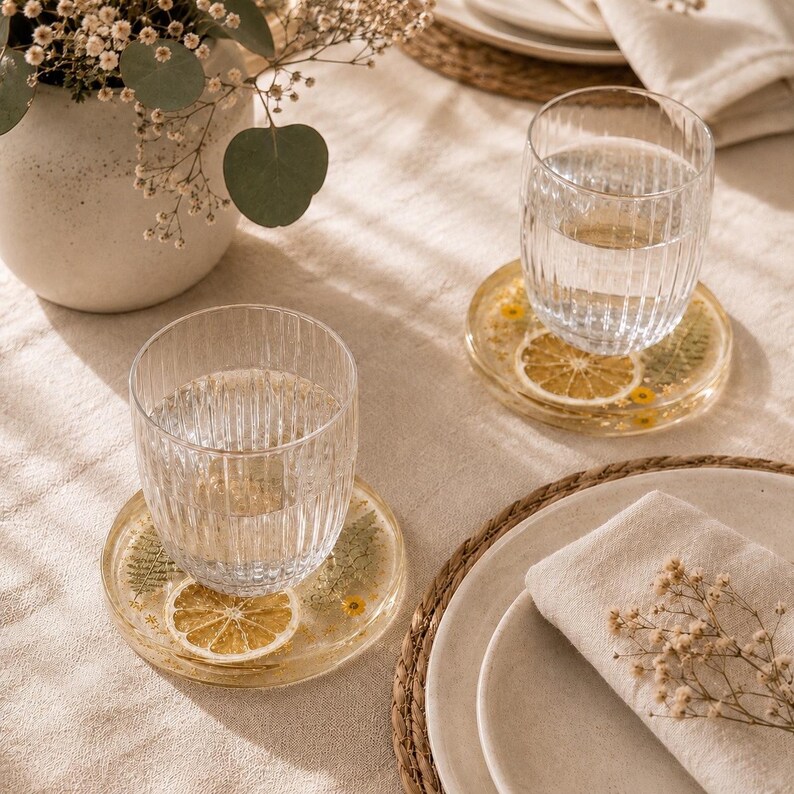 May include: Two clear, ribbed drinking glasses filled with water rest on decorative coasters. The coasters are round, with dried lemon slices and small yellow flowers embedded in a clear resin. The scene is set on a beige tablecloth.