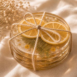 May include: A stack of clear resin coasters, each with a dried lemon slice and greenery encased within. The coasters are tied together with twine. The overall color scheme is yellow and gold.