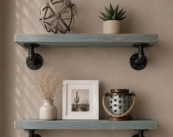 Wood Pipe Shelf, Galvanized Steel Bracket, Farmhouse Open Shelf