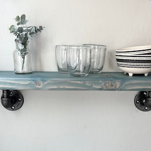 Coastal Wall Shelf, Beach House Decor, Wood Pipe Open Shelf, Storage Organization for Bathroom, Farmhouse Floating Wood Shelves, Bracket