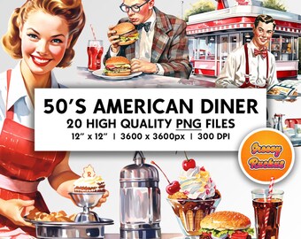 50's American Diner Clip Art Set Digital Art Scrapbooking Watercolor Style Personal Printable Commercial Foodie 1950's Nostalgia ClipArt