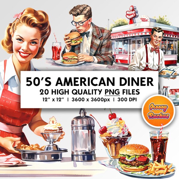 50's American Diner Clip Art Set Digital Art Scrapbooking Watercolor Style Personal Printable Commercial Foodie 1950's Nostalgia ClipArt