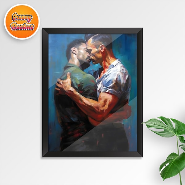 Gay Art Digital Print Oil Paint Style Printable Poster Illustration of Two Gay Men Kissing for Office Wall Bedroom Decor Pride Digital Print