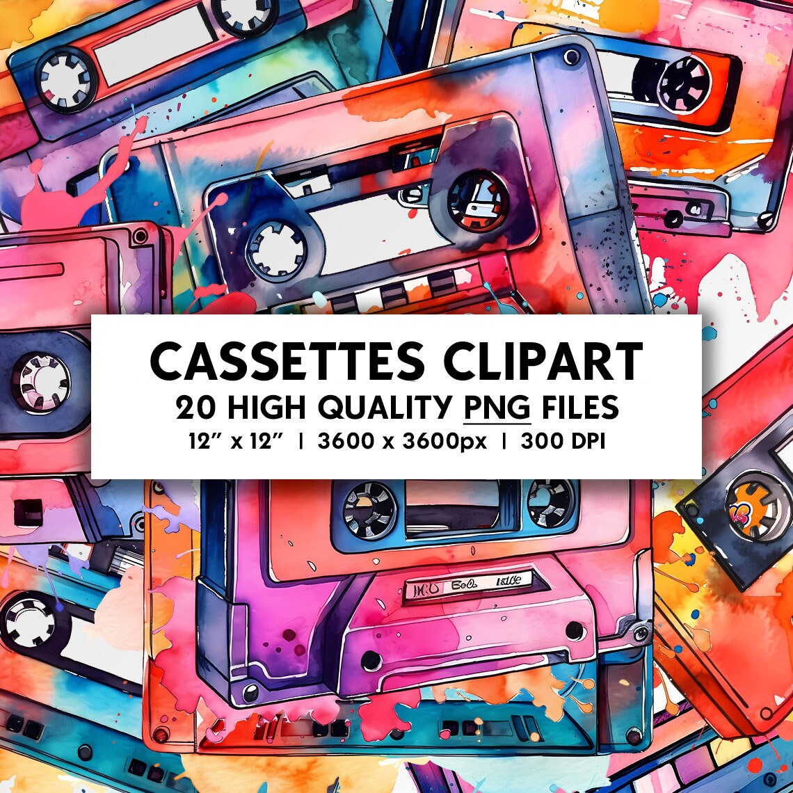 Cassette Tapes Clip Art Set Digital Art Scrapbooking Clipart Watercolor