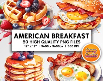 American Breakfast Clip Art Watercolor Style Scrapbook Printable Bacon and Eggs Art DIY Journal Decoration Foodie Art Print Pancakes Clipart