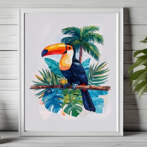 watercolor toucan print, tropical art, palm tree art, tropical toucan print, tropical foliage print, summer  print, vacation vibes print 178