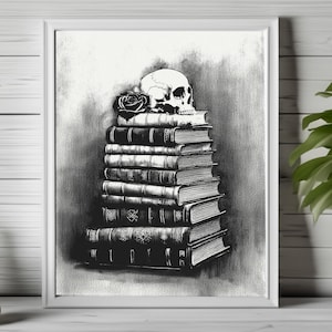 gotycka sztuka stosu książek, mroczny wydruk ścienny akademii, wydruk czaszki i książek, czarno-biała sztuka, romantyczny ciemny wystrój, nawiedzona sztuka akademii 141
