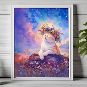flower crown cat art, whimsical kitty print, boho cat print, boho cat wall art, joyful animal portrait, boho cat art, cozy cat wall art 162