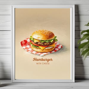 cheeseburger wall art, retro diner decor, fast food print, food wall art, whimsical food print, foodie kitchen print, diner wall print - 222