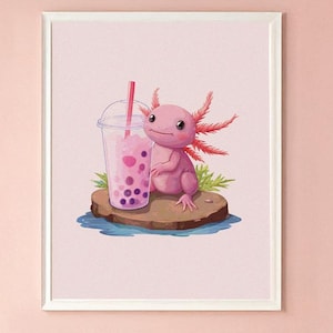 Axolotl Art Print, schattige kawaii Art Print, Axolotl Wall Art, Axolotl Digital Art, grillige kunst, Axolotl Bubble Tea Afdrukbare Art Print 021