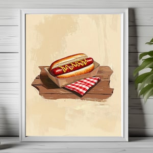 Hot dog print, retro kitchen art, vintage diner decor, 1950s wall art, whimsical kitchen poster, fast food print, Americana food decor 219
