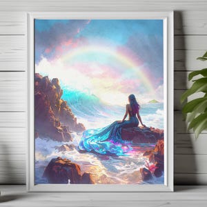 Fantasy mermaid art print, enchanted sea creature decor, mermaid printable art, serene beach fantasy art print, fantasy mermaid wall art 242