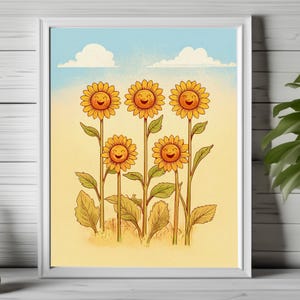happy sunflower art, smiling flowers print, whimsical garden wall art, retro sunflower art, whimsy flower poster, cute sunflowers print  204