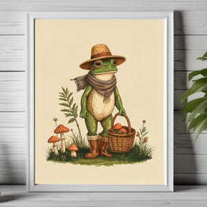 Cottagecore frog art, whimsical frog print, storybook frog character, rustic nature wall art, cozycore frog print, vintage mushroom frog 225