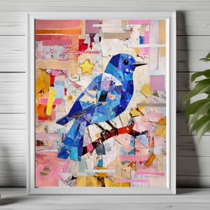 Bluebird collage print, colorful bird print, mixed media bird print, collage art wall print, whimsical bird art, creative bird collage 227