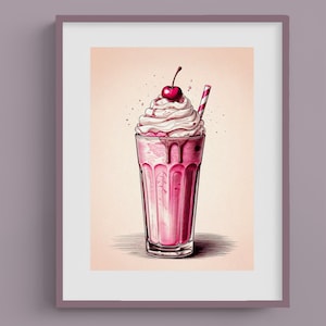 Retro Wall Art, Strawberry Milkshake Art Print, Ice Cream Parlor Art Print, Retro Artwork, retro diner aesthetic, Sweet Food Art Print 042