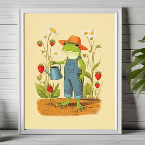 Gartenfrosch, süßes Frosch Poster, Frosch in Latzhose, Cottagecore Frosch, Frosch Dekor, süßes Frosch Poster, wunderliche Wandkunst 218