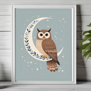 cute owl art print, whimsical owl print, celestial animal wall decor, nursery owl poster, owl woodland animal print, kids room wall art 217